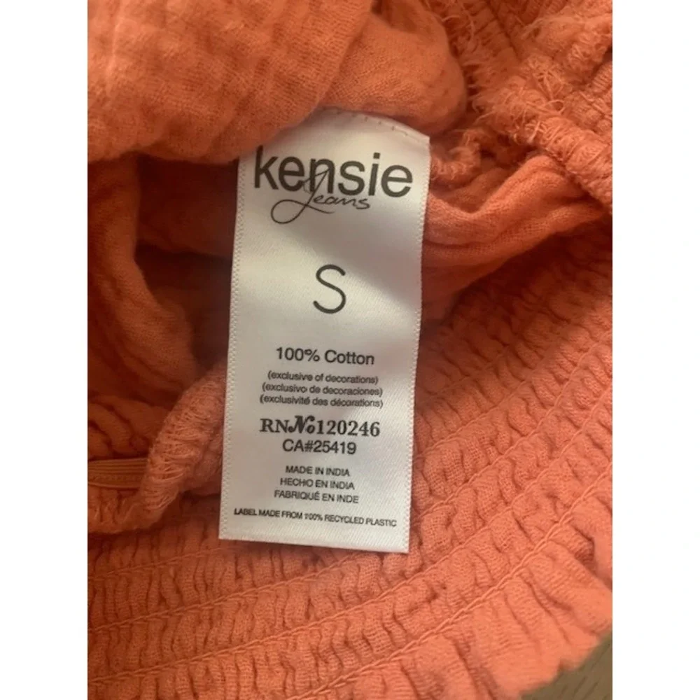 Kensie Jeans Coral Orange Cotton Gauze Smocked Cropped Peasant Top Small‎